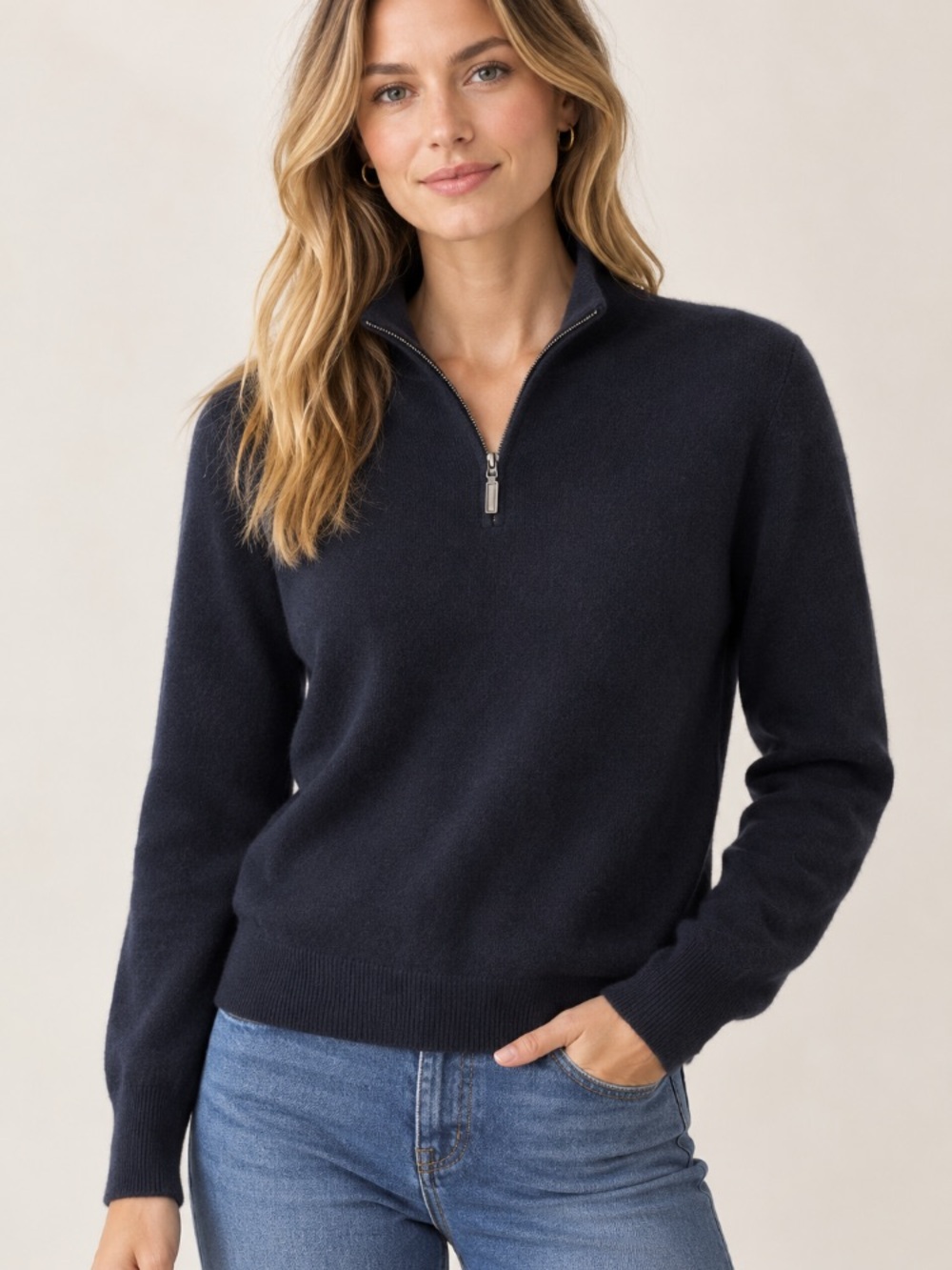 Navy Half‑Zip Crew Sweater 2 ply cashmere cozy classic 1/4 zip quiet luxury